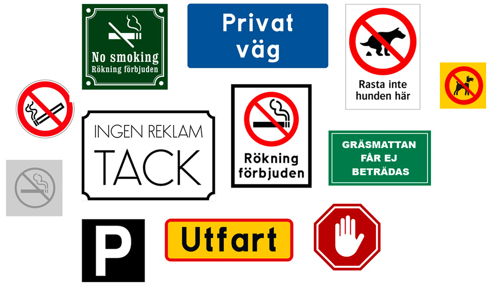 Plastskylt olika motiv. Parkering, ingen reklam