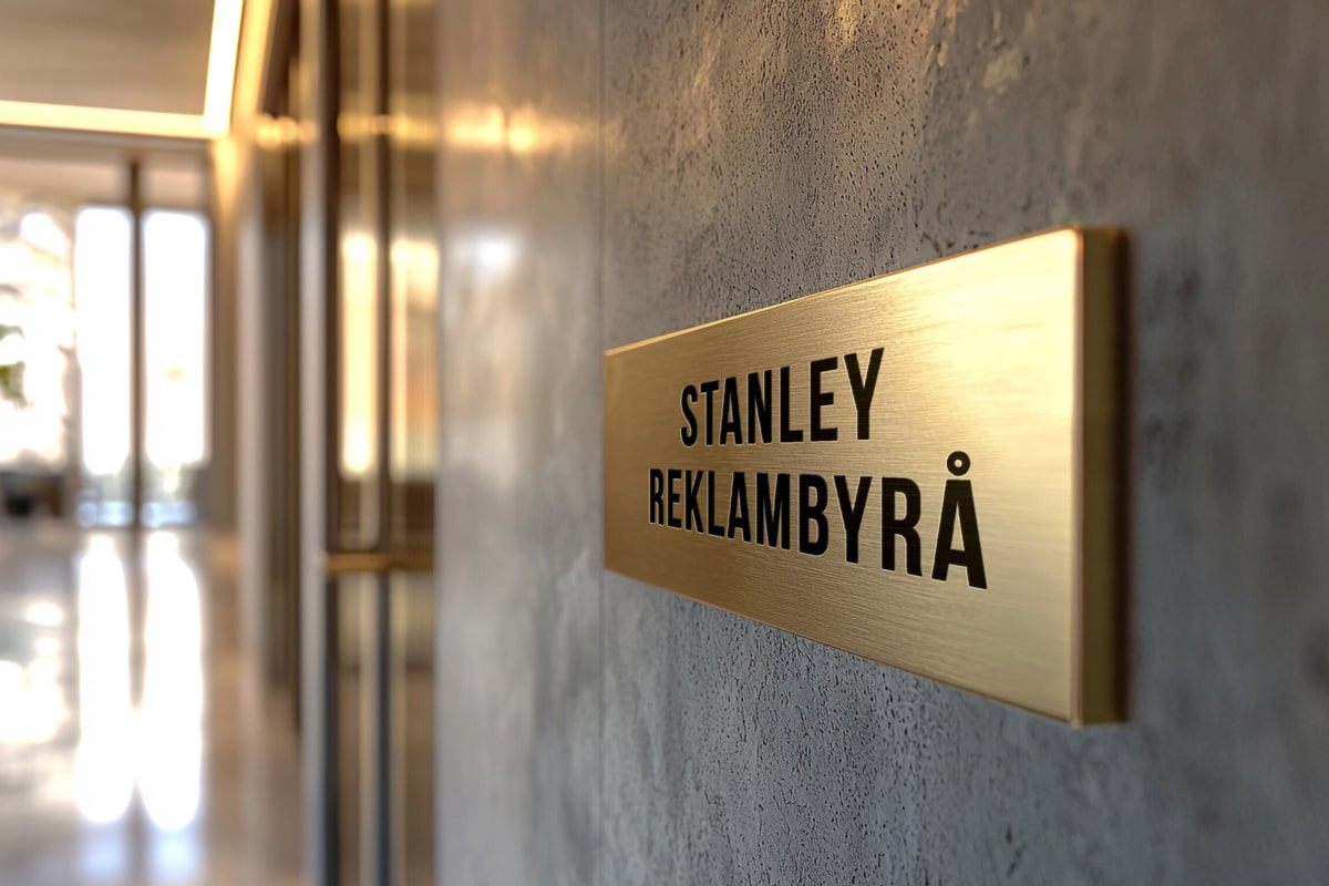 Mässing kontorsskylt med svart graverad text