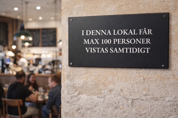 Informationsskylt max antal personer i lokalen svart aluminium med vit text Skyltdax 