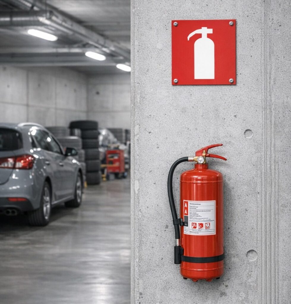 Brandskylt brandsläckare parkeringshus Skykltdax