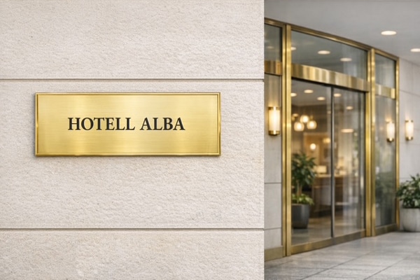 Entréskylt mässing med svart graverad text Skyltdax 