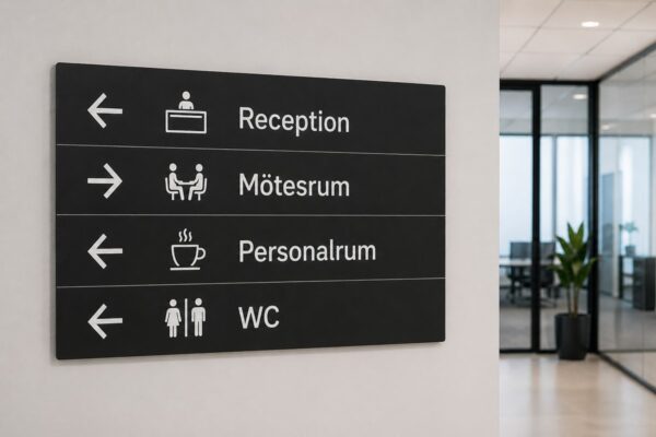 Kontorsskylt hänvisningsskylt svart skylt med vit text Skyltdax