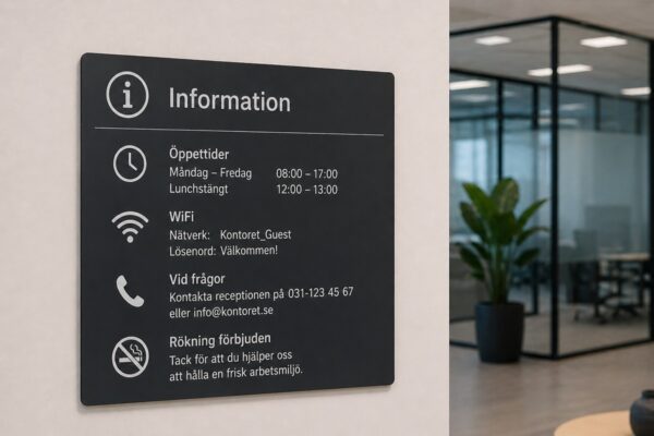 Kontorsskylt Informationsskylt svart ed vit text plast Skyltdax 