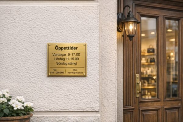 Öppettider skylt mässing fasad Skyltdax
