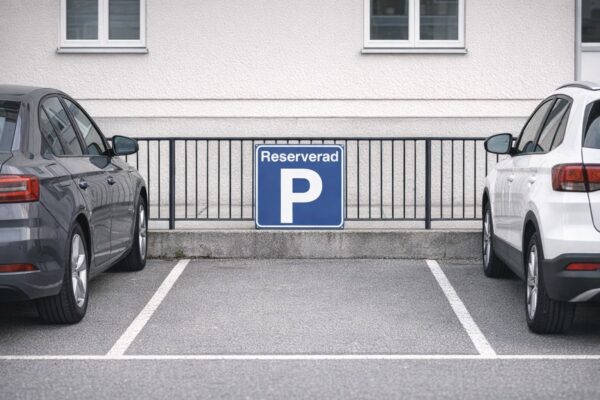Parkering reserverad blå skylt med vit text