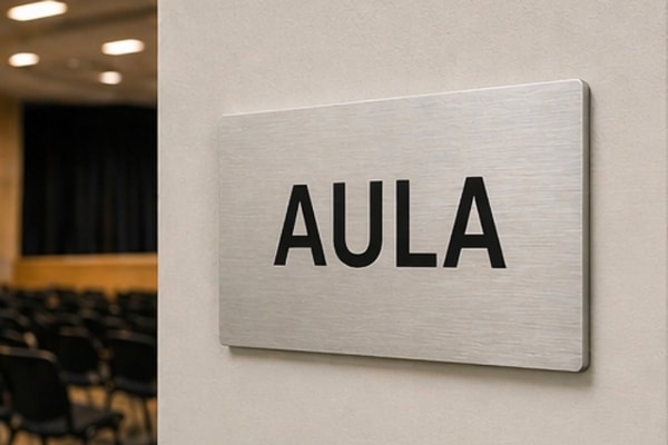 Skolskylt aula aluminium silver med svart text Skyltdax 