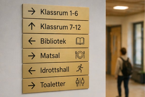 Skolskyltar - Hänvisningsskylt skola i guldfärgad plast med svart text Skyltdax