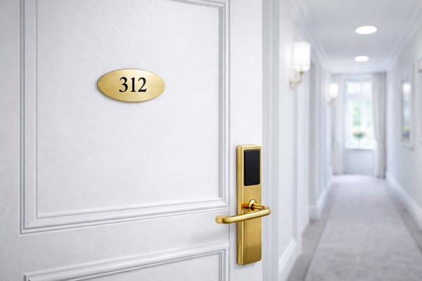 Dörrskylt oval i mässing med svarta siffror hotell Skyltdax 