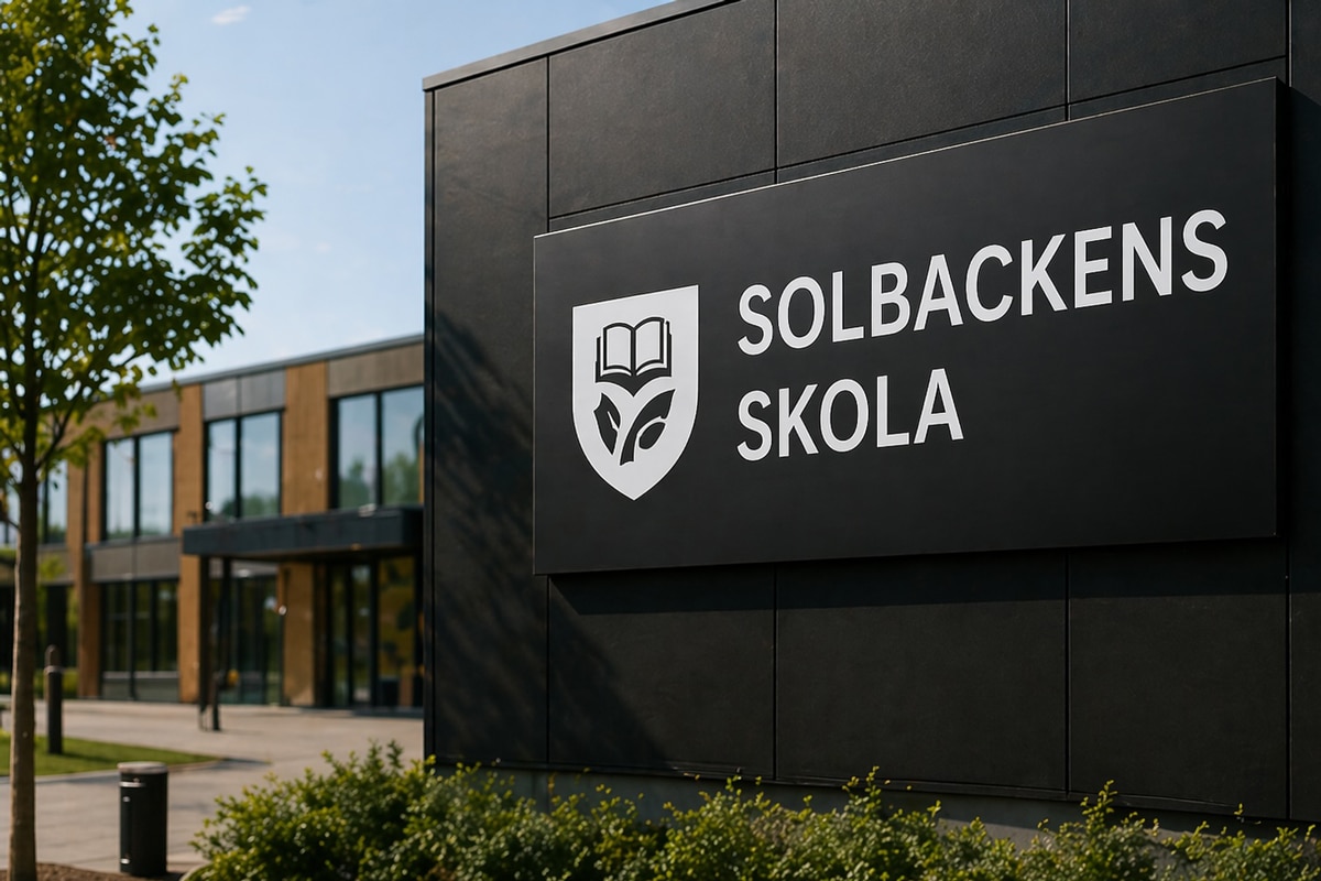 Fasadskylt till skola svart aluminium med vit text och logotyp Skyltdax 