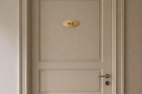 dörrskylt i mässing wc med svart text skyltdax