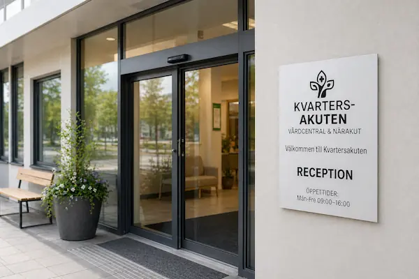 Vit entréskylt vid ingången till en akutmottagning som visar logotyp, namn och receptionens öppettider.