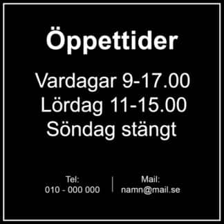 Välkommenskylt svart med öppettider och kontaktinformation