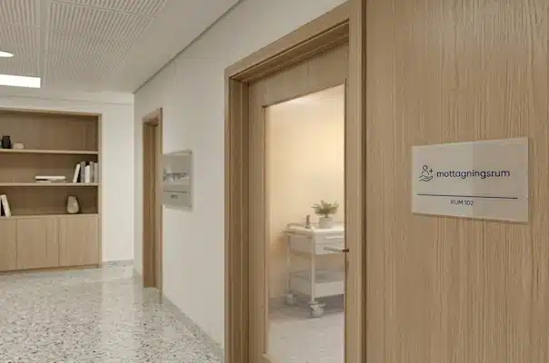 Stilren dörrskylt i en sjukhuskorridor placerad bredvid en behandlingsrumsdörr i trä.