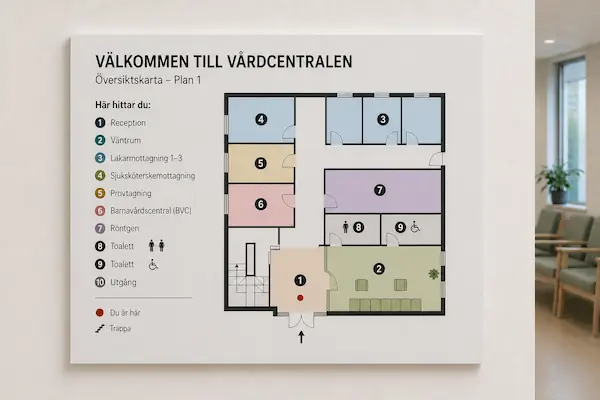 Stor informationsskylt på vägg med en översiktskarta (orienteringstavla) över vårdcentralens olika avdelningar och rum.