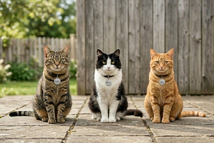 Kattskyltar katter på rad med namnbricka
