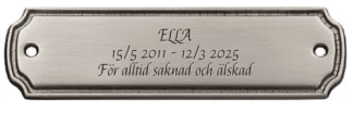 Personlig minnesskylt för djur i förnicklad mässing Stockholm 155x45 mm med graverad text för gravplats eller urna