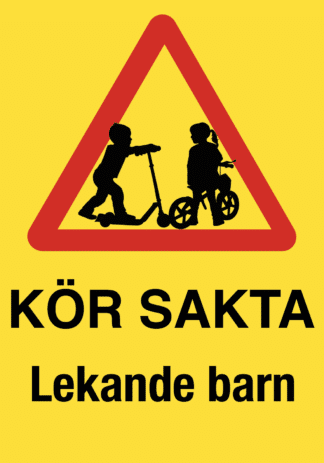 Kör sakta skylt Lekande barn. Siluett av barn på cykel. För privat väg och villaområde